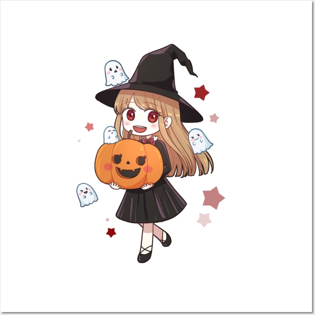 Cute Halloween Anime Witch, Ghost & Pumpkin Wall Art by Hiro Fiction